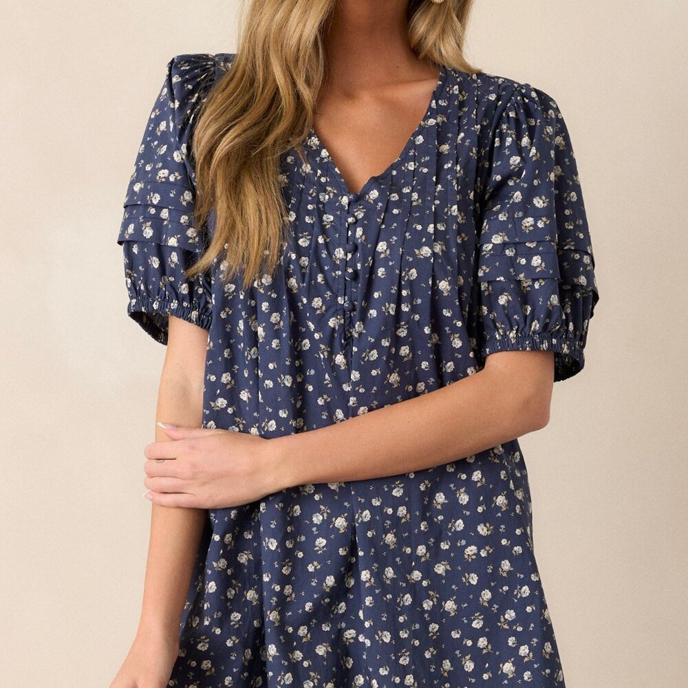 Red Dress Never Enough 100% Cotton Navy Puff Sleeve Mini Dress Size SS / Blue